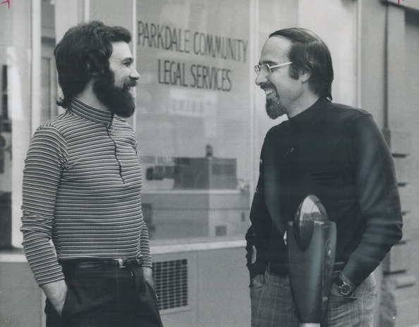 1972: Lawyer Dick Gathercole (left) on Queen Street with U of T Law alumnus and Osgoode Hall Law School Professor Frederick H. Zemans (LLB 1964). Zemans was the founding director of Parkdale Community Legal Services. (Photo by Jeff Goode/Toronto Star via Getty Images)
