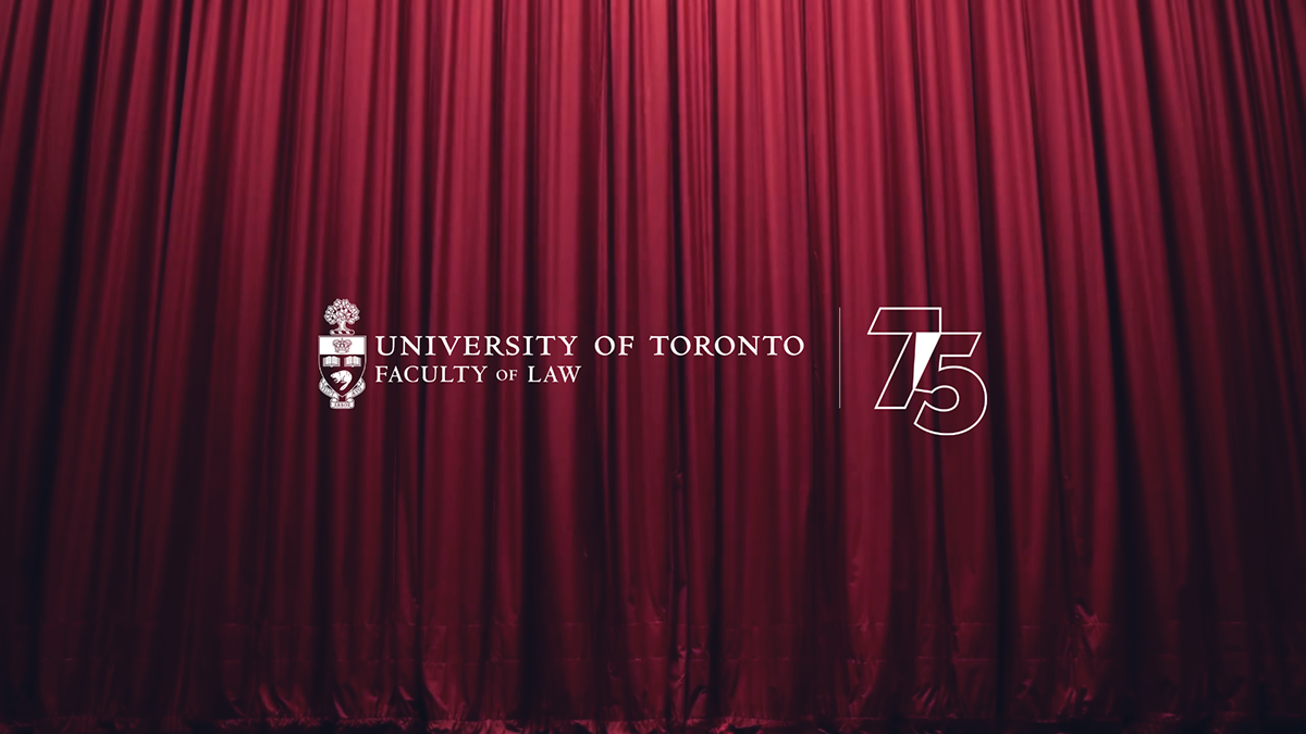 U of T Law logo on a red curtain