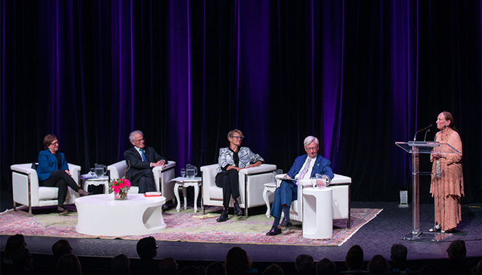 Retired Supreme Court of Canada Justice Rosalie Abella, far right, speaks while a panel of her international peers looks on (photo by Nick Iwanyshyn)