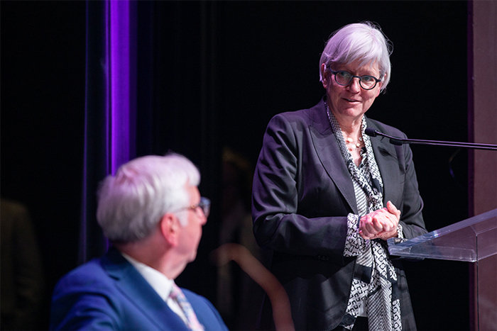 Jutta Brunnée, dean of the U of T Faculty of Law, shares the stage with Stephen Toope, vice-chancellor of the University of Cambridge and a former director of U of T’s Munk School of Global Affairs & Public Policy (photo by Nick Iwanyshyn)