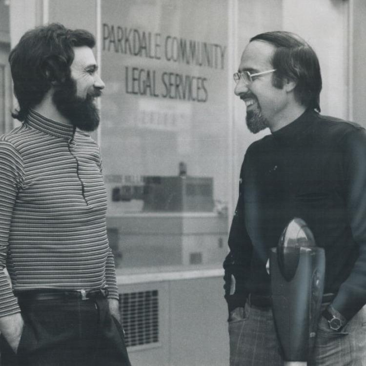 1972: Lawyer Dick Gathercole (left) on Queen Street with U of T Law alumnus and Osgoode Hall Law School Professor Frederick H. Zemans (LLB 1964). Zemans was the founding director of Parkdale Community Legal Services. (Photo by Jeff Goode/Toronto Star via Getty Images)
